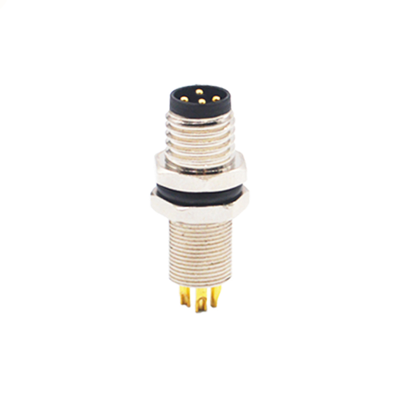 M8 4pins A code male straight rear panel mount connector,unshielded,solder,brass with nickel plated shell
